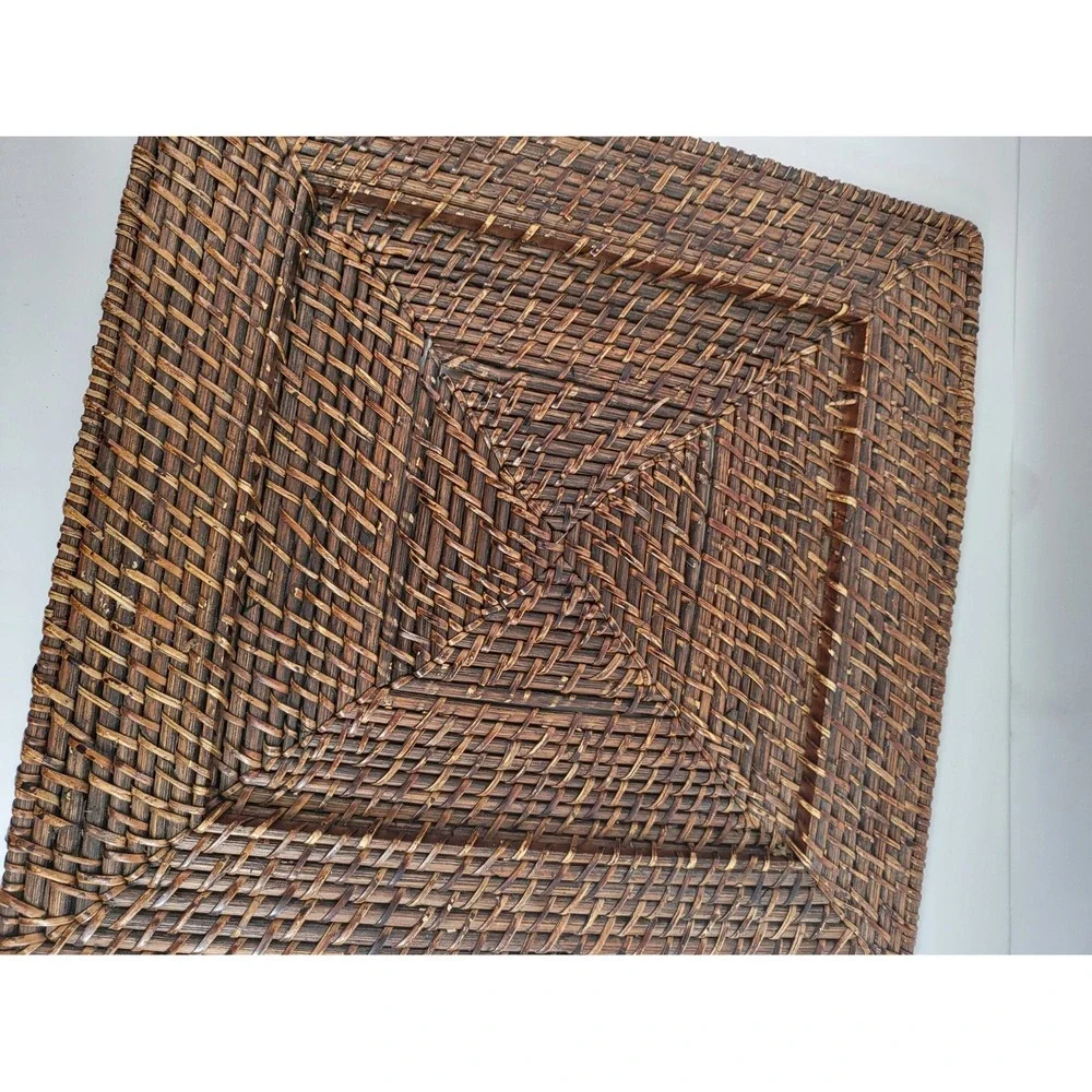 Set of 6 Vintage Woven Rattan Charger Plates 13in Square Dark Brown Wicker Boho